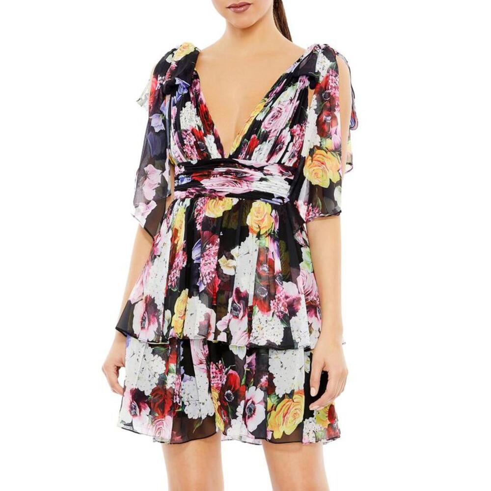 MAC DUGGAL Tiered Floral A-Line Minidress Size 6 - Picture 1 of 8
